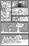  anthro biped cave comic dialogue dragon duo english_text glacierclear hi_res merigor_(glacierclear) monochrome multi_eye myra_(glacierclear) outside parent parent_and_child size_difference text tree 