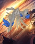  arched_back blue_eyes blue_hair canterlot castle cloud equid equine fan_character feathers female feral flying grey_body hair hi_res hooves horse inner_ear_fluff light mammal my_little_pony pegasus pony river smile solo sunlight sunset tuft upside_down wingrazor wings 