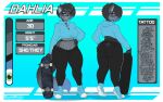 absurd_res anthro black_bottomwear black_clothing black_hair black_pants blue_background blue_clothing blue_collar blue_footwear blue_hair blue_shoes blue_sneakers blushbrush bottomwear clothing collar dahlia_(aeirdnom) demigirl_(lore) domestic_cat ear_piercing english_text eyebrow_scar eyebrows facial_scar felid feline felis female fluffy fluffy_tail footwear hair hi_res mammal model_sheet pants piercing scar shoes simple_background skateboard skateboarder sneakers solo tail tattoo text trans_(lore) trans_woman_(lore) url vehicle