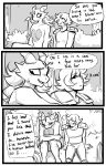  anthro clothed clothing comic dialogue dragon duo english_text female glacierclear hi_res human male mammal membrane_(anatomy) membranous_wings monochrome multi_eye myra_(glacierclear) sitting text wings 