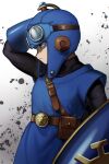  1boy absurdres arm_up aviator_cap aviator_goggles belt belt_buckle black_bodysuit blue_eyes blue_gloves blue_hat blue_tunic bodysuit brown_belt buckle closed_mouth commentary_request dragon_quest dragon_quest_ii dust from_side gloves goggles goggles_on_headwear gradient_hair grey_background hat highres holding holding_shield holding_sword holding_weapon looking_ahead male_focus multicolored_hair nogo_(nogo_059) prince_of_lorasia profile roto's_emblem shield solo sword tunic weapon 