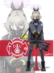  1girl alternate_weapon ar-15 armband artist_name assault_rifle axe black_boots black_bow black_gloves black_pantyhose blue_archive blue_jacket blue_necktie blue_skirt boots bow brown_hair collared_shirt commentary_request fire_axe firefighter full_body gloves grey-haired_firefighter_girl_(blue_archive) gun hair_bow halo highres jacket miniskirt necktie oxygen_mask oxygen_tank pantyhose pointy_ears ponytail purple_armband purple_halo rifle sekino_takehiro shirt signature simple_background skirt solo standing weapon weapon_request white_background white_shirt x_products_can_cannon yellow_eyes zoom_layer 