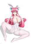  1girl animal_ear_hairband animal_ears aqua_eyes arm_support artist_name bare_arms bare_shoulders blue_pupils breasts butterfly_hair_ornament cleavage collar collarbone commentary covered_navel crossed_bangs double-parted_bangs fake_animal_ears full_cleavage hair_between_eyes hair_ears hair_ornament hairband highleg highleg_leotard highres huge_breasts leotard light_blush long_hair looking_at_viewer low_neckline maria_cadenzavna_eve maria_desirer pantyhose parted_lips pink_hair playboy_bunny rabbit_ear_hairband rabbit_ears see-through_clothes see-through_pantyhose senki_zesshou_symphogear sidelocks signature simple_background sitting smile solo spread_legs strapless strapless_leotard very_long_hair wavy_hair white_background white_leotard white_pantyhose wispy_bangs 