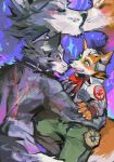 2026 anthro anthro_focus aroused black_collar black_nose blush bodily_fluids bottomwear canid canine canis clothed clothing collar digital_media_(artwork) dom/sub dominant dominant_male drooling drooling_tongue duo duo_focus eye_contact eyes_closed fox fox_mccloud french_artist french_kissing fur green_bottomwear green_clothing green_eyes green_pants grey_body grey_fur group hair half-length_portrait hi_res kissing lgbt_pride looking_at_another looking_at_partner love male male/male mammal mostly_nude nintendo nude oral orange_body orange_fur painting_(artwork) pants pietskaa_(artist) portrait red_eyes red_scar red_scarf romantic saliva saliva_on_tongue scar scarf scouter seductive shirtless shirtless_male shy side_grab star star_fox submissive submissive_male tasting tongue tongue_out white_hair wolf wolf_o'donnell