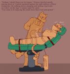 anthro aroused bdsm blush bondage bondage_furniture bound canid canine canis cloth_gag clothed clothing doctor duo embarrassed english_text erection eyes_closed felid forced fully_clothed gag gagged genitals hands_behind_back hi_res humanoid_genitalia humanoid_penis immobilization kerchief lying machine male male/male male_anthro mammal mask medical medical_instrument medical_play milking_machine on_back pantherine penile penis penis_milking penis_milking_machine red_background restrained restraints scientific_instrument side_view simple_background standing straitjacket submissive submissive_anthro submissive_male surgical_mask tail tail_motion tailwag text tiger unprofessional_behavior vaurien wolf xorwynne