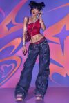  1girl bag baggy_pants belt black_eyes bracelet breasts casual commentary contrapposto crop_top earbuds earphones east_asian english_commentary eyelashes eyeshadow hair_ornament hair_up highres holding ipod jewelry leaning_to_the_side legs_apart looking_to_the_side makeup midriff mp3_player multiple_bracelets musa_(winx_club) narrow_waist pants parted_lips pink_belt pink_shirt pocket purple_eyeshadow purple_hair realistic red_lips shirt shoes shoulder_bag single_bare_shoulder sleeveless sleeveless_shirt small_breasts standing star_(symbol) star_hair_ornament tight_clothes tight_shirt waist_jewel whereiskrln winx_club y2k_fashion 