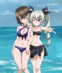  2girls absurdres anchovy_(girls_und_panzer) anime_coloring arm_at_side arm_hug bare_arms bare_shoulders bikini bikini_skirt black_bikini black_ribbon black_sarong blue_bikini blush breasts brown_eyes brown_hair cleavage closed_mouth collarbone commentary_request criss-cross_halter drill_hair feet_out_of_frame front-tie_bikini_top front-tie_top frown girls_und_panzer green_hair grin hair_between_eyes hair_ribbon halterneck highres holding_another's_arm key_(gaigaigai123) knees_together_feet_apart l_hand large_breasts long_hair looking_at_another looking_to_the_side multiple_girls navel nishizumi_maho ocean one_eye_closed outdoors ribbon sarong short_hair side-by-side sideways_glance sky small_breasts smile strapless strapless_bikini swimsuit twin_drills twintails yuri 