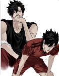  1boy black_shirt commentary_request haikyuu!! highres korean_commentary kuroo_tetsurou male_focus multiple_views nekoma_volleyball_uniform pants red_pants red_shirt red_shorts shirt short_hair shorts simple_background sleeves_rolled_up solo sportswear sso_s sweat t-shirt volleyball_uniform white_background 