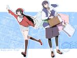  1boy 1girl :d arm_up bag beret black_hair black_pants blue_background blue_jacket briefcase brown_shoes cardigan closed_eyes collared_shirt commentary full_body green_eyes hair_ornament hairclip hat highres holding holding_bag hood hood_down hooded_jacket index_finger_raised jacket kenmochi_touya kneehighs let's_draw_short-haired_hinanawi_tenshi long_sleeves map map_background miniskirt nijisanji open_clothes open_jacket pants pointing pointing_up purple_hair red_cardigan red_hair red_shoes shirt shoes shopping_bag sinani skirt smile socks standing talking_on_phone tsukino_mito twitter_username unworn_hat unworn_headwear virtual_youtuber watermark white_background white_shirt white_skirt white_socks 