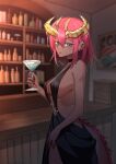 alcohol anthro beverage breasts cheon_surin cleavage clothed clothing cocktail dragon_horn dragon_tail dress ebony_skin female flushed_face hair hi_res human mammal n_oljam pink_hair side_slit side_slit_dress slit_dress solo