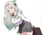  1girl absurdres arms_behind_back bag black_ribbon blue_eyes blush bow breasts brooch brown_skirt buttons collarbone commentary double-breasted erushira facing_to_the_side firefly_(honkai:_star_rail) firefly_(spring_missive)_(honkai:_star_rail) gradient_hair green_bow green_hair grey_hair grey_sailor_collar hair_between_eyes hair_ornament hair_ribbon hairband highres holding holding_bag honkai:_star_rail honkai_(series) jewelry leaning_forward long_hair long_sleeves looking_at_viewer medium_breasts midriff_peek multicolored_eyes multicolored_hair multicolored_hairband open_mouth pink_hair plaid_bow plaid_clothes plaid_skirt pleated_skirt ribbon sailor_collar school_uniform shirt simple_background skirt smile solo thighhighs white_background white_shirt white_thighhighs wing_brooch wing_hair_ornament zettai_ryouiki 
