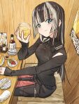  alcohol black_pants black_shirt blue_eyes blunt_bangs breasts chopsticks commentary_request cup drink food grey_hair hand_on_table highres hime_cut holding holding_drink hololive hololive_dev_is izakaya juufuutei_raden light_smile long_hair long_sleeves looking_at_viewer medium_breasts multicolored_hair pants poster_(object) restaurant shirt sitting sleeves_past_wrists straight_hair streaked_hair table tauyoshi728 turning_head two-tone_hair wooden_table wooden_wall 