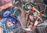  2girls absurdres ahoge black_hair black_sclera blue_eyes blue_hair boots colored_sclera commentary_request crop_top double_bun duel_monster gloves graffiti green_eyes grey_hair hair_between_eyes hair_bun hat heart heart_ahoge highres holding holding_weapon kewl_tune_b2b kewl_tune_cue kewl_tune_reco knee_boots looking_at_viewer multicolored_hair multiple_girls neon_lights rerererere3939 see-through_hat shako_cap shorts sitting sleeveless weapon white_hair yu-gi-oh! 