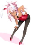  1girl animal_ears bangs bare_shoulders black_legwear black_neckwear breasts bunny_ears bunny_tail bunnysuit chloe_von_einzbern closed_mouth dark_skin detached_collar fate/kaleid_liner_prisma_illya fate_(series) hair_between_eyes half_updo hand_on_hip hand_on_thighs high_heels leaning_forward legs leotard long_hair looking_at_viewer namonashi necktie nipple_slip nipples orange_eyes pantyhose pink_hair red_footwear red_leotard sidelocks simple_background small_breasts smile solo strapless strapless_leotard tail white_background wrist_cuffs 