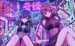  +_+ 2girls absurdres adjusting_eyewear black_hood black_shirt black_skirt breasts chinese_text cleavage_cutout clothing_cutout commentary_request crop_top double-parted_bangs egasumi feet_out_of_frame green_eyes hair_intakes hair_ornament hairclip hand_on_eyewear haraga_kurumi highres hood hood_down hoodie kimi_no_koto_ga_dai_dai_dai_dai_daisuki_na_100-nin_no_kanojo kusanochika long_hair looking_at_viewer medium_breasts midriff multiple_girls neon_lights neon_sign pankou patterned_hair purple_eyes saiki_himeka shirt short_hair skirt sleeveless sleeveless_shirt smile star-shaped_pupils star_(symbol) strap symbol-shaped_pupils thick_eyebrows tinted_eyewear white_hoodie zipper 