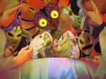  1boy blonde_hair cake cake_slice commentary dark_persona deku_mask fierce_deity_mask_(zelda) food giant goht goron_mask_(zelda) green_tunic gyorg highres horror_(theme) link majora_(zelda) nasagina odolwa possessed skull_kid symbolism table the_legend_of_zelda the_legend_of_zelda:_majora's_mask tunic twinmold untranslatable_commentary young_link zora_mask_(zelda) 
