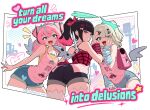  3girls :d angels_of_delusion aqua_streaks aria_(human)_(cuteness_loading)_(zenless_zone_zero) aria_(human)_(zenless_zone_zero) aria_(zenless_zone_zero) arm_warmers ass bag bare_shoulders black_hair bojerry_art bow character_print cowboy_shot english_text from_behind green_eyes green_hair green_halo hair_bow hair_ornament hairclip halo highres looking_at_viewer multicolored_hair multiple_girls nangong_yu nangong_yu_(heartfelt_support) official_alternate_costume open_mouth pink_bag pink_hair pink_shirt red_eyes self_character_print shirt shorts smile smug streaked_hair striped_arm_warmers sunna_(delusions_in_business)_(zenless_zone_zero) sunna_(zenless_zone_zero) twintails white_wings winged_bag wings zenless_zone_zero 