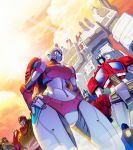  arcee autobot blue_eyes from_below hand_on_hip highres hot_rod looking_at_viewer looking_down looking_to_the_side looking_up mecha metroplex navel no_humans optimus_prime springer transformers ultra_magnus zhuyukun2003 