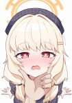 1boy 1girl aoba_(blue_archive) blonde_hair blue_archive blush bow commentary_request dress grey_bow grey_dress grey_hat hair_ornament hair_over_shoulder hairclip halo hat hat_bow heart heart-shaped_pupils highres long_hair long_sleeves low_twintails nenosame nose_blush open_mouth partial_commentary plaid_bow plaid_clothes plaid_dress plaid_hat pov pov_hands red_eyes shadow simple_background solo_focus symbol-shaped_pupils twintails twitter_username wavy_mouth white_background 