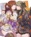  2girls absurdres alternate_hairstyle artist_name assault_lily asymmetrical_docking black_bow black_collar blue_eyes blush border bow breast_press breasts brown_hair brown_thighhighs cheek-to-cheek closed_mouth collar commentary_request commission cowboy_shot floral_print flower frilled_bow frilled_collar frilled_kimono frilled_sleeves frills grey_background hair_between_eyes hair_bow hair_bun hair_flower hair_ornament half_updo hand_up heads_together heterochromia highres japanese_clothes kaede_johan_nouvel kimono kuo_shenlin large_breasts looking_at_viewer mabuta_kayumi multiple_girls orange_background outline outside_border parted_lips print_kimono purple_bow purple_flower purple_kimono red_eyes sash single_hair_bun skeb_commission smile striped_bow tassel thighhighs two-tone_kimono white_border white_collar white_flower white_kimono white_outline white_thighhighs wide_sleeves yellow_eyes yellow_outline 