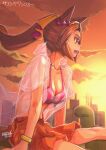  1girl animal_ears bikini breasts brown_hair cleavage commentary_request fang funaya_sakichi gold_hairband hairband highres horse_ears horse_girl horse_tail long_hair medium_breasts midriff open_mouth orange_shorts orange_sky outdoors pink_bikini ponytail purple_eyes sakura_bakushin_o_(umamusume) see-through_clothes see-through_shirt shirt shorts sitting sky smile solo swimsuit tail teeth umamusume upper_teeth_only white_shirt 