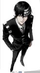  1boy art_program_in_frame black_hair black_jacket black_pants closed_mouth death_the_kid full_body hand_in_pocket highres jacket looking_at_viewer male_focus multicolored_hair pants short_hair simple_background solo soul_eater sso_s standing streaked_hair white_background white_streaks yellow_eyes 