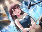  1girl bang_dream! bang_dream!_it's_mygo!!!!! belt blue_jacket blush breasts brown_belt brown_hair cymbals drumsticks earrings from_below game_asset holding holding_drumsticks instrument jacket jewelry long_hair looking_ahead microphone_stand mole mole_under_eye official_art purple_eyes see-through_clothes see-through_sleeves shiina_taki solo sweatdrop third-party_source 