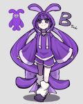  1girl absurdly_long_hair animal_ears animal_hood blunt_bangs bow closed_mouth commentary_request creature_and_personification full_body grey_background highres hood hood_up hoodie humanization kishiton long_hair long_sleeves looking_at_viewer personification pokedex_number purple_eyes purple_hair purple_hoodie purple_shorts rabbit_ears rabbit_hood shoes shorts simple_background smile socks solo standing suica very_long_hair white_socks wide_sleeves 