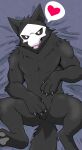 absurd_res anthro bed black_body black_fur black_sclera blush blush_lines bone bone_mask canid canine changed_(video_game) fur furniture goo_creature heart_symbol hi_res living_latex lying lying_on_bed male mammal mask on_bed puro_(changed) raimuoekaki skull skull_mask solo