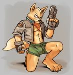  2020 anthro barefoot biped bulge canid canine clothing digital_media_(artwork) fox fox_mccloud front_view fur gloves gun handwear jacket kneeling looking_at_viewer male mammal midriff neckerchief nintendo orange_body orange_fur paws pose ranged_weapon simple_background solo star_fox topwear underwear vexyvoo video_games weapon 