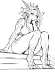  1girl ? absurdres bananavander bare_shoulders breasts cleavage commentary dragon_claw dragon_girl dragon_horns english_commentary full_body greyscale hand_on_own_head highres horns long_hair looking_at_viewer medium_breasts monochrome monster_girl original pointy_ears scales simple_background sitting sitting_on_stairs slit_pupils sports_bra stairs 
