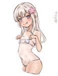  1girl absurdres bikini blonde_hair blue_eyes breasts commentary_request cowboy_shot cropped_legs eyepatch_bikini flower hair_flower hair_ornament highres kantai_collection lilshigu long_hair lowleg lowleg_bikini navel one-hour_drawing_challenge one-piece_tan ro-500_(kancolle) simple_background small_breasts solo standing swimsuit tanlines tongue tongue_out twitter_username white_background white_bikini 