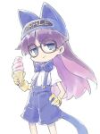  1girl animal_ear_headwear animal_ears black-framed_eyewear blue_bow blue_bowtie blue_eyes blue_shorts bow bowtie cat_ears cat_tail clothes_writing commentary_request cosplay cowboy_shot dr._slump fake_tail feli_(puyopuyo) food glasses gloves hand_on_own_hip hat hat_with_ears hat_writing holding holding_food holding_ice_cream holding_ice_cream_cone ice_cream ice_cream_cone long_hair looking_to_the_side nekoguruma norimaki_arale norimaki_arale_(cosplay) purple_hair puyopuyo puyopuyo_quest shirt short_sleeves shorts sideways_glance smile soft_serve solo standing suspender_shorts suspenders tail v-shaped_eyebrows white_shirt yellow_gloves 