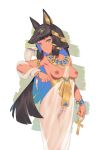  1girl ankh bigrbear black_hair blue_hair bracelet breasts cobra_(animal) colored_inner_hair dark_skin egyptian_clothes egyptian_mythology green_eyes headdress highres jewelry long_hair looking_at_viewer multicolored_hair original pussy see-through snake solo tan uncensored 