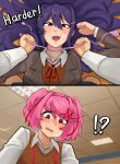  !? absurdres blush breasts brown_sweater_vest ceiling ckatnha collared_shirt commentary doki_doki_literature_club doki_doki_literature_club_school_uniform egg_vibrator english_commentary english_text highres holding indoors jacket kneeling long_hair looking_at_viewer masochism multiple_girls natsuki_(doki_doki_literature_club) on_floor open_mouth orange_sweater_vest pink_eyes pink_hair red_ribbon ribbon school_uniform sex_toy shirt short_hair strangling sweat sweater_vest teeth twitter_username two_side_up upper_teeth_only vibrator white_shirt wooden_floor yuri yuri_(doki_doki_literature_club) 