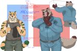  2020 anthro blush bodily_fluids bottomwear brown_body brown_fur canid canine chan_kiti_chan_(artist) clothing duo felid fur hi_res humanoid_hands japanese_text kemono male mammal overweight overweight_male pantherine pants raccoon_dog shirt sweat tanuki text tiger topwear 