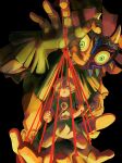  2boys absurdres arm_up belt belt_buckle black_background blonde_hair blue_eyes brown_belt buckle commentary_request dark_persona fingerless_gloves gloves green_tunic highres kneeling link majora_(zelda) male_focus mask multiple_boys nasagina open_mouth parted_hair simple_background skull_kid symbolism the_legend_of_zelda the_legend_of_zelda:_majora's_mask tunic young_link 