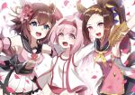  3girls :d ametama_(runarunaruta5656) animal_ears black_sailor_collar blue_eyes brown_hair buruma commentary_request cowboy_shot detached_sleeves dress ear_covers epaulettes falling_petals flower gold_hairband hair_flower hair_ornament hairband haru_urara_(bestest_prize)_(umamusume) haru_urara_(umamusume) highres horse_ears horse_girl jacket long_hair long_sleeves looking_at_viewer multiple_girls neckerchief open_mouth petals pink_dress pink_eyes pink_flower pink_petals pleated_skirt ponytail red_buruma sailor_collar sakura_bakushin_o_(blossom_in_learning)_(umamusume) sakura_bakushin_o_(umamusume) sakura_chiyono_o_(strength_in_full_bloom)_(umamusume) sakura_chiyono_o_(umamusume) shirt short_hair skirt smile teeth umamusume upper_teeth_only white_jacket white_shirt yellow_neckerchief 
