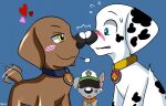 amber_eyes bird_dog black_nose black_spots blue_background blue_collar blue_eyes blush blush_lines bodily_fluids brown_body brown_fur canid canine canis clothing collar collar_only collar_tag cross-popping_vein dalmatian domestic_dog facial_tuft feral floppy_ears fur green_cap green_clothing green_hat green_headwear group hat headgear headwear heart_symbol hi_res hunting_dog jealous labrador male mammal markings marshall_(paw_patrol) mixed_breed nervous nervous_sweat nickelodeon nose_to_nose notched_ear nude paw_patrol pink_inner_ear pointy_ears prick_ears retriever rocky_(paw_patrol) romantic shadowed_eyes simple_background spots spotted_body spotted_fur sweat tail tail_motion tailwag trc001 trio tuft white_body white_fur yellow_collar zuma_(paw_patrol)