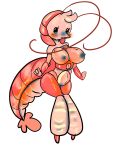 antennae_(anatomy) anthro aquatic areola arthropod beady_eyes big_breasts black_eyes blue_areola blue_nipples blush breasts crustacean female front_view gooberwares head_tuft hi_res looking_at_viewer nipples pink_body pointy_nose shrimp simple_background solo thick_thighs tuft white_background wide_hips