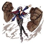  1girl alternate_costume arm_up armpits black_bridal_gauntlets black_hair black_pants blue_eyes blue_headdress breasts bridal_gauntlets castlevania:_order_of_ecclesia castlevania_(series) castlevania_judgment clenched_hands commentary cross cross_print disembodied_hand dust elbow_gloves english_commentary garter_straps gloves high_heels lace-trimmed_headwear lace_trim looking_to_the_side metal_trim no_tattoo nun nun_headdress official_alternate_costume pants red_headdress shanoa_(castlevania) shoes short_hair small_breasts solo spikes striped_clothes striped_pants two-tone_headdress wanderjegson white_background white_shoes 