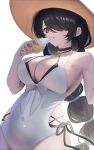  1girl absurdres black_hair blue_archive breasts cleavage clenched_teeth commentary food food_on_body food_on_breasts hair_over_one_eye hat highres hinata_(blue_archive) hinata_(swimsuit)_(blue_archive) holding holding_food holding_ice_cream huge_breasts ice_cream long_hair multi-tied_hair off_shoulder official_alternate_costume one-piece_swimsuit red_eyes shio_bd simple_background solo sun_hat swimsuit teeth very_long_hair white_one-piece_swimsuit 