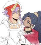  1boy 1girl blue_hair braid breasts circlet cloak closed_mouth commentary crescent crescent_earrings dark-skinned_female dark_skin earrings english_commentary fire_emblem fire_emblem:_fortune's_weave gold_choker gold_earrings green_eyes hair_ornament hetero high_ponytail jewelry leda_(fire_emblem) long_hair marureenu ponytail purple_hair sirocco_(fire_emblem) smile turban wavy_hair white_background 