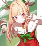  1boy 1girl axokim blonde_hair breasts christmas cleavage dress earrings fake_antlers fur-trimmed_dress fur-trimmed_headwear fur_trim gojou_wakana gyaru hat highres jewelry kitagawa_marin long_hair looking_at_viewer red_dress red_eyes red_nails santa_costume santa_dress santa_hat smile sono_bisque_doll_wa_koi_wo_suru v v_over_eye 