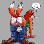  1:1 ambiguous_gender anthro bodily_fluids boots bottomwear butt canid canine clothing dialogue female footwear fox fur genitals green_eyes hair hi_res jeans kaibootsu looking_at_viewer mammal orange_body orange_fur pants pussy red_hair sleeveless_shirt solo speech_bubble sweat tailwag terraria were werecanid werecanine werefox zoologist_(terraria) 