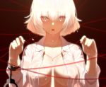  blue_eyes breasts cropped dev no_bra original red see_through shackles shirt short_hair wet white_hair 