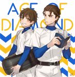  2boys ace_of_diamond baseball_uniform belt blush book brown_eyes brown_hair copyright_name holding holding_book kippu looking_at_another male_focus multiple_boys sawamura_eijun short_sleeves smile sportswear sweat takigawa_chris_yuu tire 