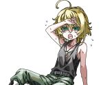  1girl ahoge amulet belt blonde_hair blue_eyes cross cross_necklace exhausted hair_between_eyes jewelry long_hair looking_at_viewer military military_uniform necklace open_mouth pants ponytail simple_background sitting soldier solo sweat tank_top tanya_degurechaff toujou_chika white_background youjo_senki 
