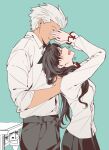  1boy 1girl aqua_background archer_(fate) arms_up black_hair black_pants black_ribbon black_skirt closed_eyes collared_shirt dark-skinned_male dark_skin fate/stay_night fate_(series) from_side hair_ribbon hair_slicked_back hand_in_another's_hair hands_on_another's_face highres homurabara_academy_school_uniform long_hair long_sleeves one_side_up pants parted_lips profile pudding_hl red_trim ribbon school_uniform shirt shirt_tucked_in short_hair simple_background skirt sleeves_rolled_up squeans sweatdrop tohsaka_rin white_hair white_shirt 