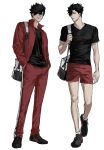  1boy bag black_hair black_shirt black_shoes closed_mouth duffel_bag haikyuu!! hands_in_pockets highres jacket kuroo_tetsurou looking_to_the_side male_focus open_clothes open_jacket pants red_jacket red_pants red_shorts red_track_suit shirt shoes short_hair shorts simple_background sso_s t-shirt track_suit white_background 